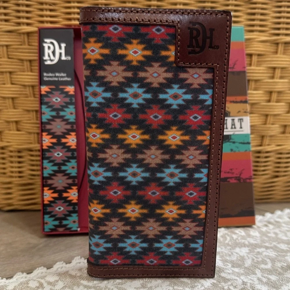 Red Dirt Hat Co Mens Rodeo Southwest Canvas Inlay Wallet Genuine Leather New